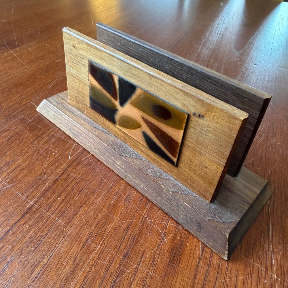 Vintage MCM Wood Letter Holder Enamel Abstract Tile Desk Organizer Napkin Holder